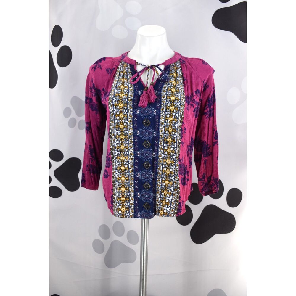 Mason & Belle Tassel Tie V Neck Boho Blouse 3/4 Sleeve Magenta Size Small
